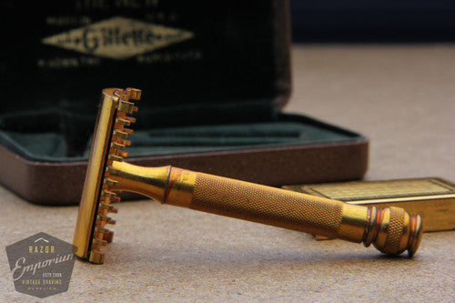 Gillette 1930's Goodwill Era Gold DE Razor Berkshire Set w/ Blade Bank