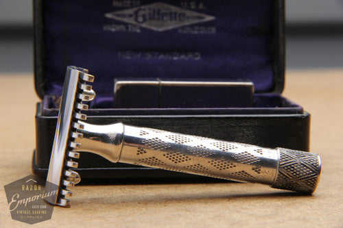 Gillette 1908 Silver New Standard Safety Razor in Original Black Leather Case