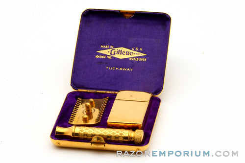 1928 Gillette New Improved Gold Tuckaway Style Travel DE Safety Razor Set