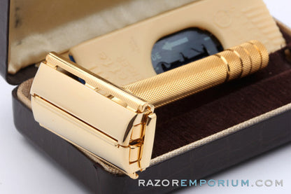 1947 Gillette Notched Milord Safety Razor DE in Leather Case 24K Gold Revamp