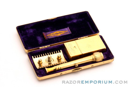 1916 Gillette Gold Basketweave Pocket Edition - Old Type DE Safety Razor Set