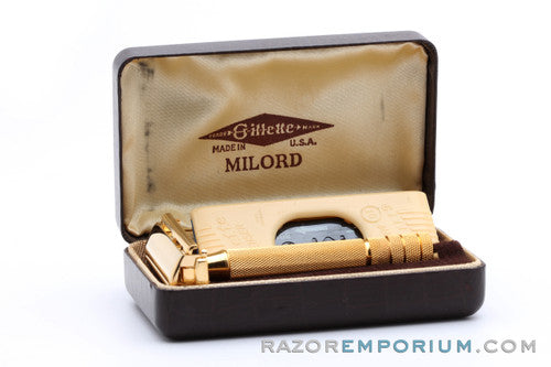 1947 Gillette Notched Milord Safety Razor DE in Leather Case 24K Gold Revamp