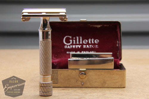 Gillette 1948 Rhodium Aristocrat No. 15 DE Safety Razor w/ Metal Case - Made in England