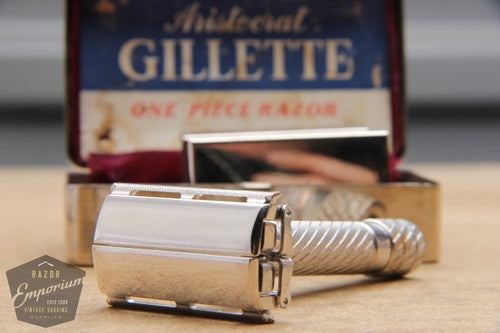 Gillette 1948 Rhodium Aristocrat No. 15 DE Safety Razor w/ Metal Case - Made in England