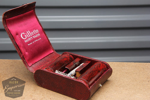 Gillette 1930's  Travel Combination Set in Red Leather