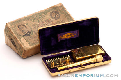 1916 Gillette Gold Basketweave Pocket Edition - Old Type DE Safety Razor Set