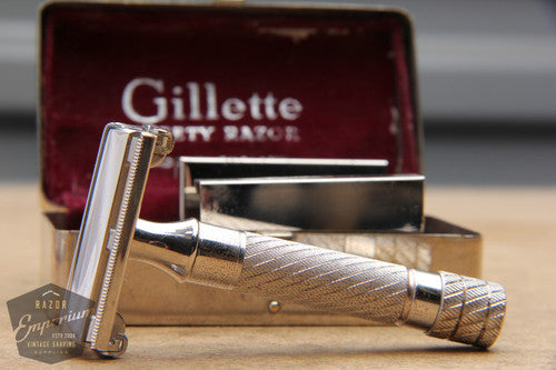 Gillette 1948 Rhodium Aristocrat No. 15 DE Safety Razor w/ Metal Case - Made in England