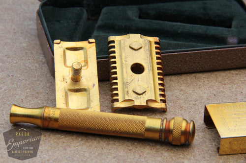 Gillette 1930's Goodwill Era Gold DE Razor Berkshire Set w/ Blade Bank