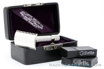 1905 Gillette Single Ring DE Safety Razor Set in Leather Case w/ Blade Banks