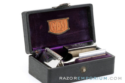 1930's Gem 1912 Damaskeene Style Single Edge Safety Razor in Black Leather Box