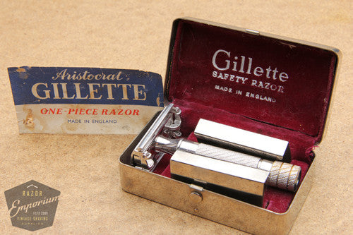 Gillette 1948 Rhodium Aristocrat No. 15 DE Safety Razor w/ Metal Case - Made in England