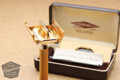 Gillette 1947 Notched Milord Gold Safety Razor DE in Leather Case