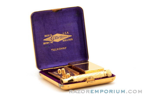 1929 Gillette Gold New Improved Tuckaway Style Travel DE Safety Razor Set