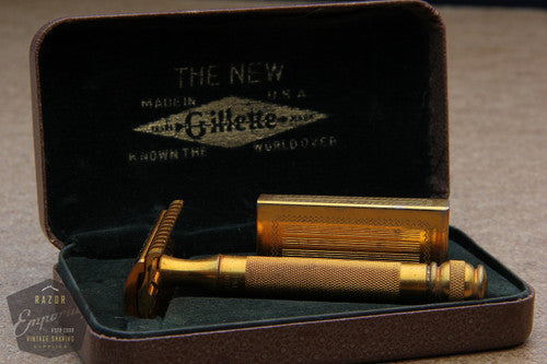 Gillette 1930's Goodwill Era Gold DE Razor Berkshire Set w/ Blade Bank