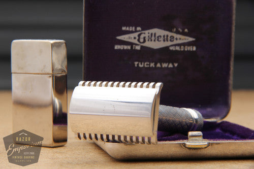 Gillette 1921 New Improved Silver Tuckaway Style Travel DE Safety Razor Set