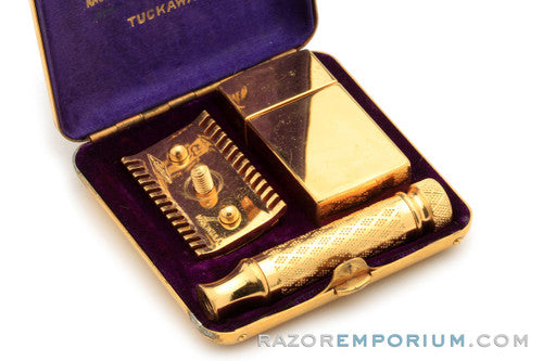 1929 Gillette Gold New Improved Tuckaway Style Travel DE Safety Razor Set