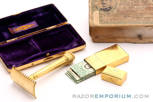 1916 Gillette Gold Basketweave Pocket Edition - Old Type DE Safety Razor Set