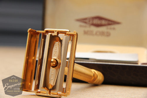 Gillette 1947 Notched Milord Gold Safety Razor DE in Leather Case