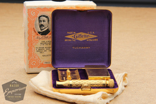 Gillette 1920's New Improved Gold Tuckaway Style Travel DE Safety Razor Set