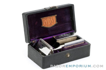 1930's Gem 1912 Damaskeene Style Single Edge Safety Razor in Black Leather Box