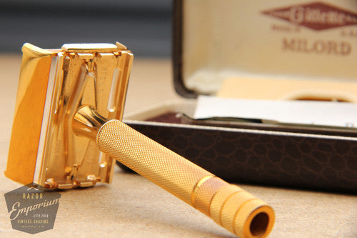 Gillette 1947 Notched Milord Gold Safety Razor DE in Leather Case