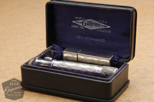 Gillette 1908 Silver New Standard Safety Razor in Original Black Leather Case