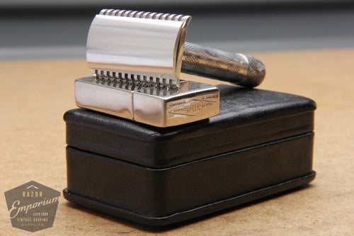 Gillette 1908 Silver New Standard Safety Razor in Original Black Leather Case