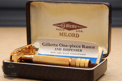 Gillette 1947 Notched Milord Gold Safety Razor DE in Leather Case