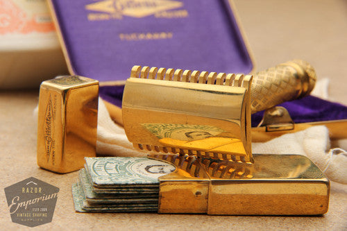 Gillette 1920's New Improved Gold Tuckaway Style Travel DE Safety Razor Set