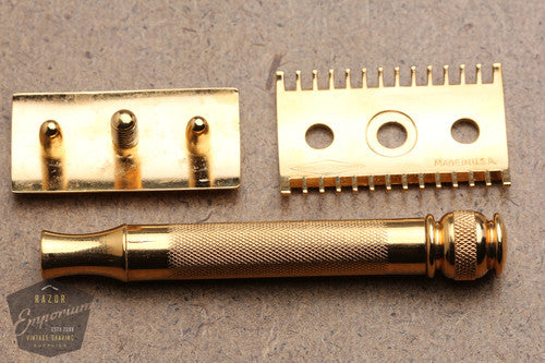 Gillette 1910's Ball End Old Type DE 3 Piece Safety Razor ** 24K Gold REVAMPED