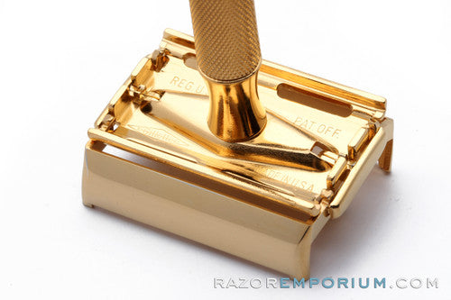 1947 Gillette Notched Milord Safety Razor DE in Leather Case 24K Gold Revamp