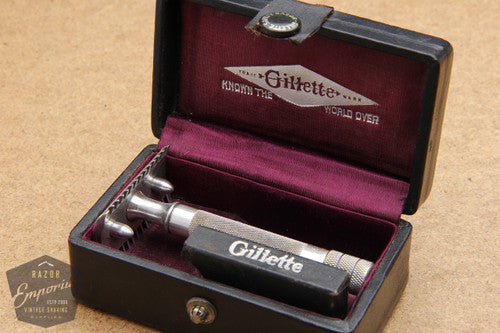 Gillette 1907 Silver Single Ring Old Type Set in Leather Case w/ Blade Bank - Made in Canada