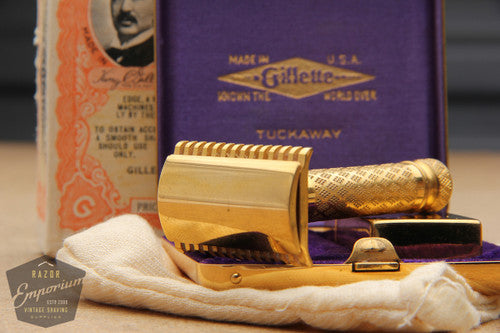 Gillette 1920's New Improved Gold Tuckaway Style Travel DE Safety Razor Set