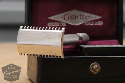 Gillette 1907 Silver Single Ring Old Type Set in Leather Case w/ Blade Bank - Made in Canada